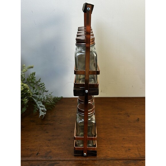 Vintage-esque Copper & Wood Spice Rack Urban Gourmet 10 Glass Jars - Picture 5 of 11